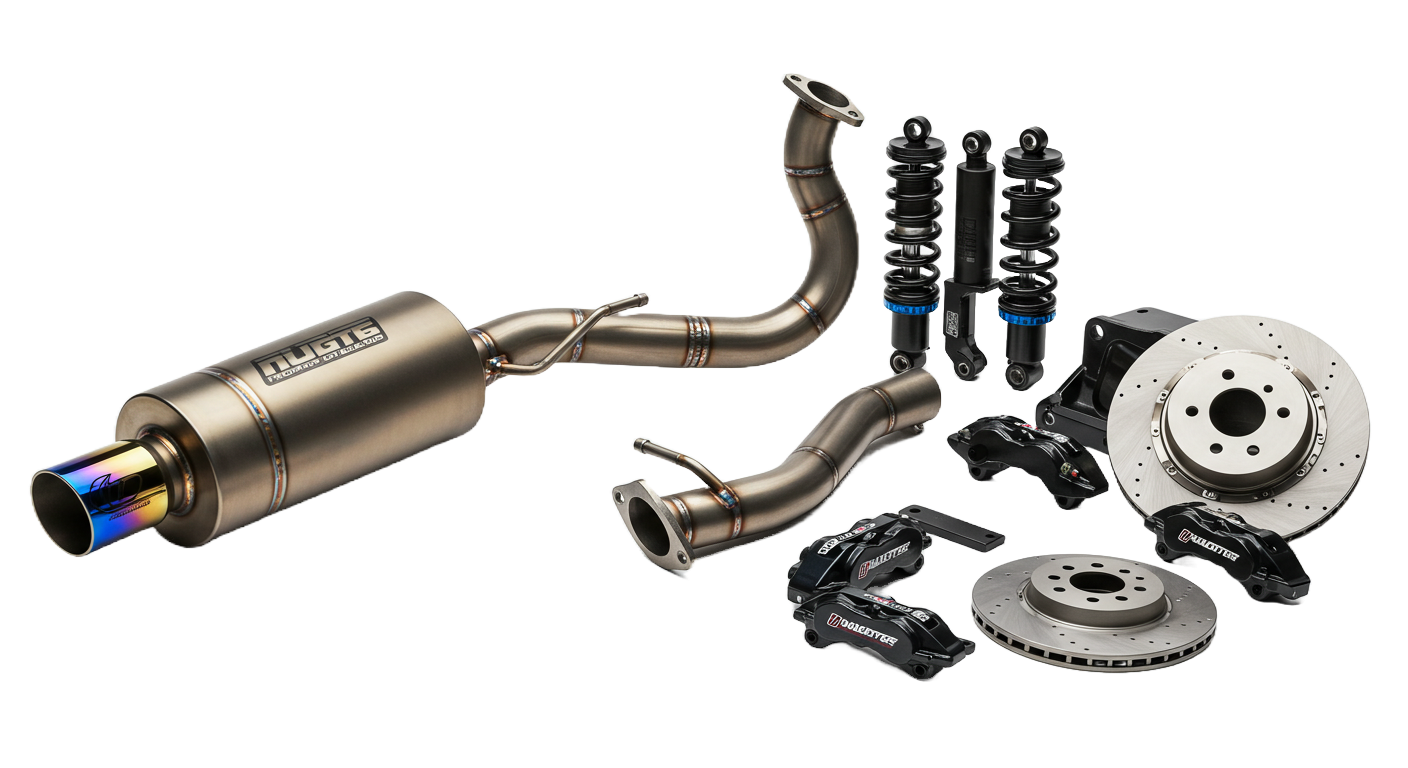 Performance automotive upgrade kit: titanium exhaust, coilovers, brake rotors, and calipers.