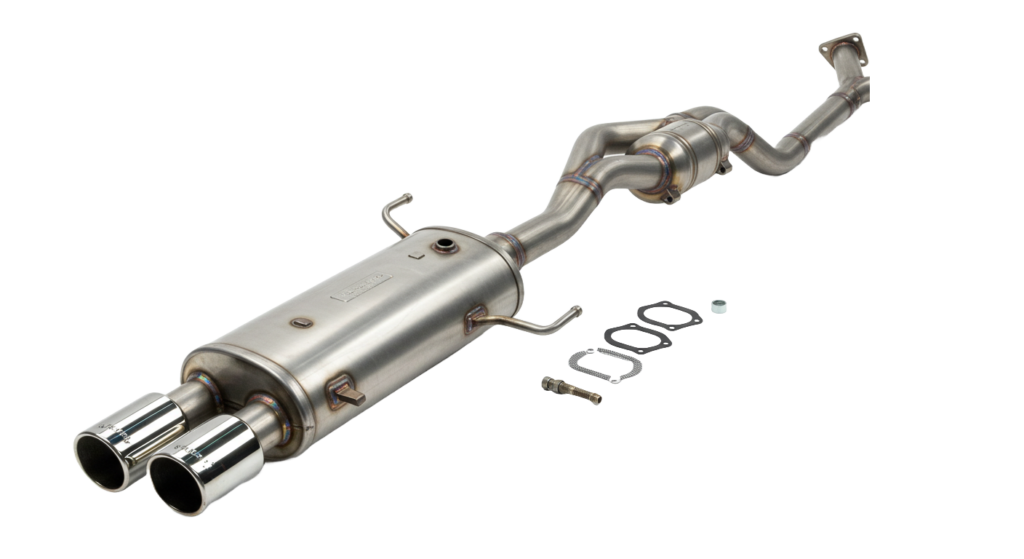Stainless steel dual exhaust system with catalytic converter, muffler, and mounting hardware.
