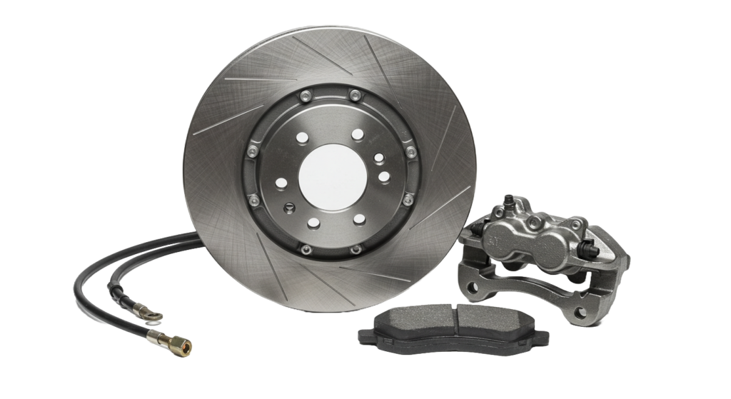 High-performance disc brake system: rotor, caliper, brake pads, and lines.