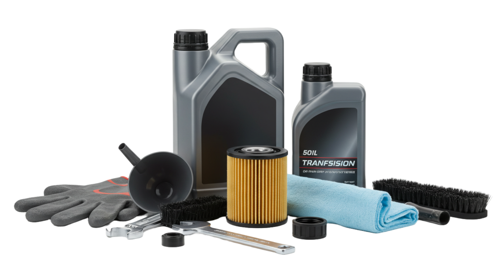 Auto maintenance kit: oil bottles, filter, funnel, gloves, brushes, wrench, and cleaning cloth. Perfect for DIY oil changes.