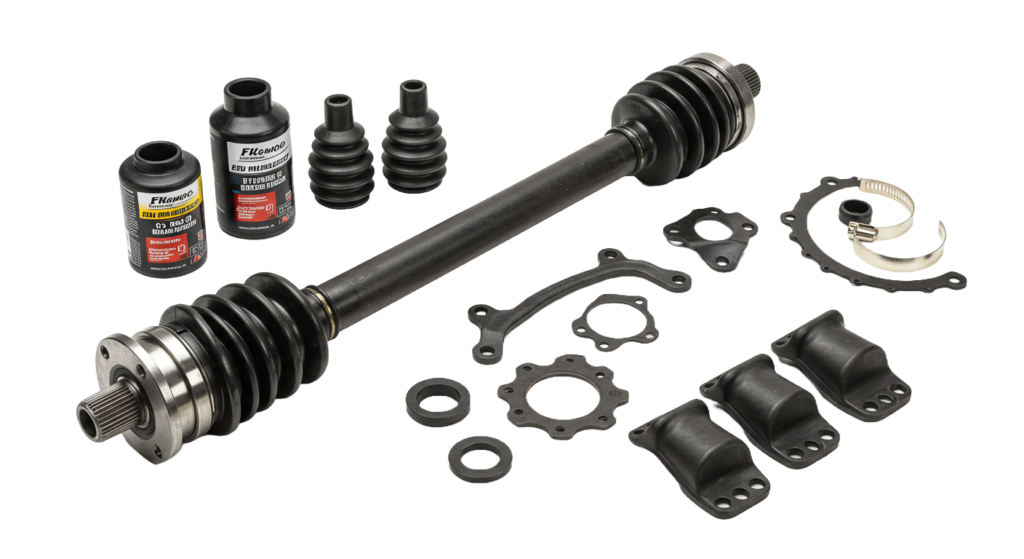 Disassembled driveshaft with components, including CV joints, boots, and mounting hardware. Two bottles of lubricant are also shown. Auto part repair.