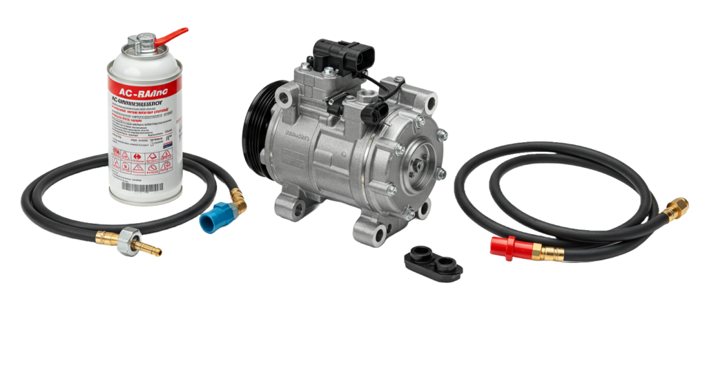 Automotive AC compressor kit: Compressor, refrigerant can, and hoses for auto air conditioning repair or replacement.