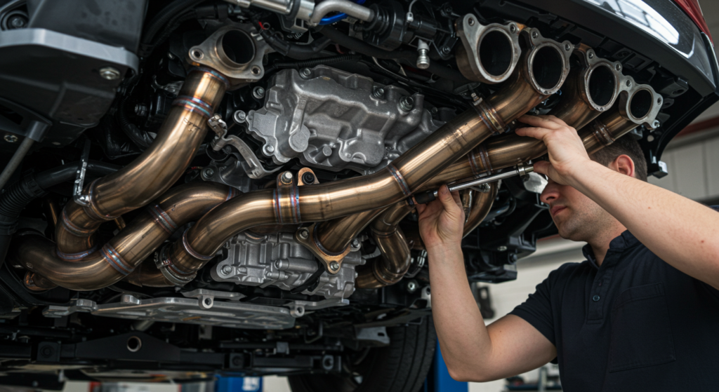 Mechanic installing a bronze-colored exhaust manifold on a car. The intricate system is partially visible beneath the vehicle. Auto repair, performance upgrade.
