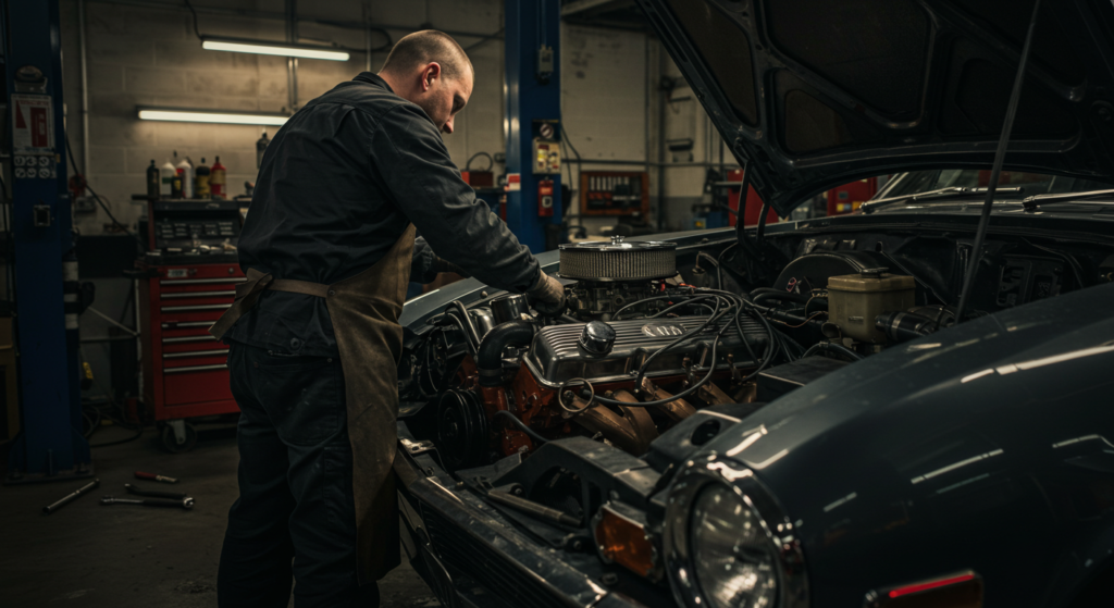 Mechanic repairing classic car engine in a garage. Detailed view of engine components during maintenance.